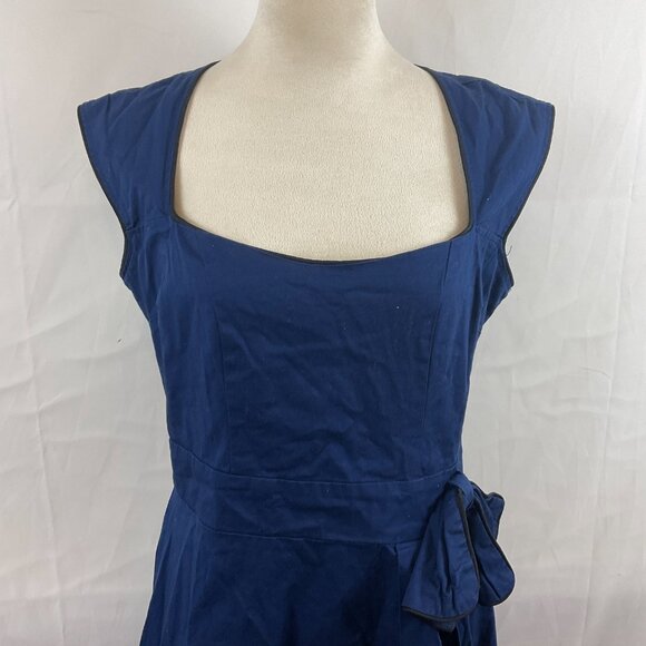 Lindy Bop Fit & Flare Dress US L Navy Blue Black Trim Pleated Sleeveless Bow - Picture 3 of 13